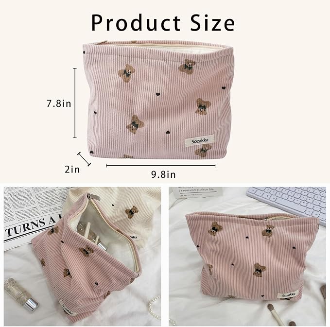 Cute Small Soft Corduroy Zipper Makeup Bag for Purse, Coquette Aesthetic Pouch with Bear Pattern for Women Girls, Kawaii Travel Cosmetic Bags(01Pink)