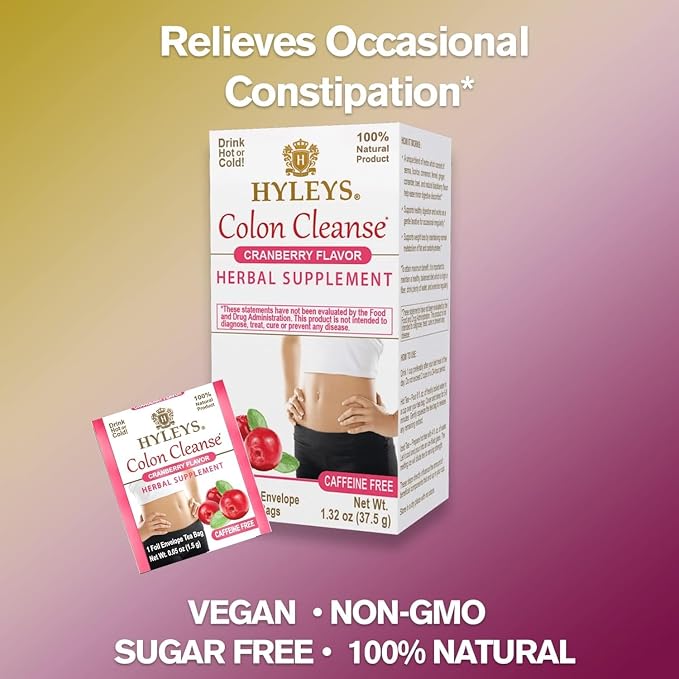 HYLEYS Colon Cleanse Tea, Cranberry Flavor - 25 Individually Wrapped Herbal Tea Bags - Caffeine Free, Vegan