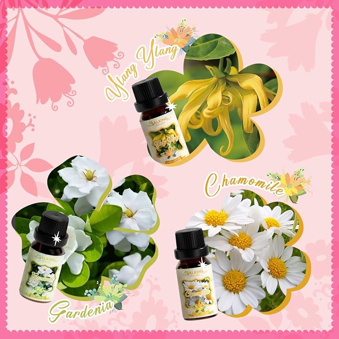 SALKING Floral Essential Oils Set, Premium Pure and Natural Essential Oils, Fragrance Oil Scented Oils for Oil Diffusers 6 x 10 ML - Lavender, Rose, Cherry Blossom, Ylang Ylang, Gardenia, Chamomile