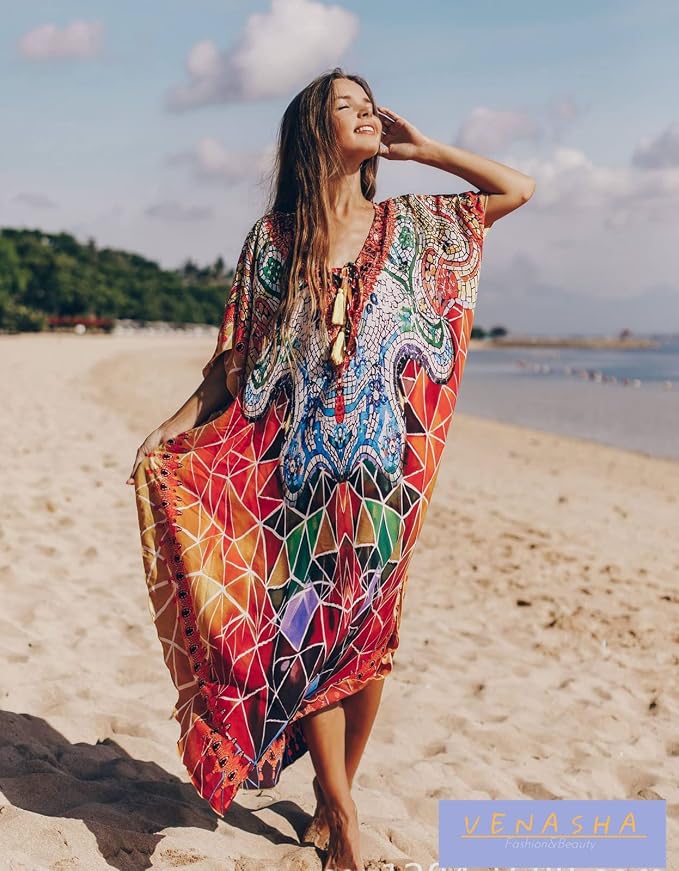 Venasha Womens Caftan Floral Print Kaftan Dress Short Sleeve Swimsuit Cover up Loungewear for Summer