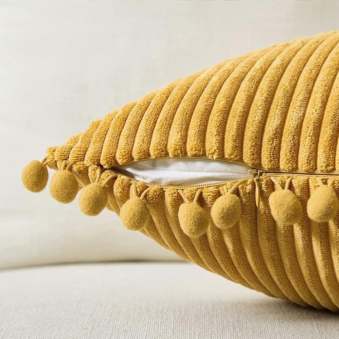 Fancy Homi 24x24 Pillow Covers, 2 Packs Mustard Yellow Throw Pillow Covers with Pom-poms, Super Soft Corduroy Square Solid Cushion Cover for Couch Sofa Bedroom Living Room 60x60 cm