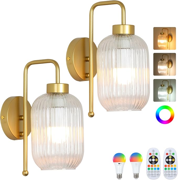 LAMSU Vintage Battery Operated Wall Sconces Set of 2, Wireless Wall Lights with Remote and Color Temperature Bulb, Gold Cordless Rechargeable Wall Lamps with Clear Glass Shade for Bedroom Living Room