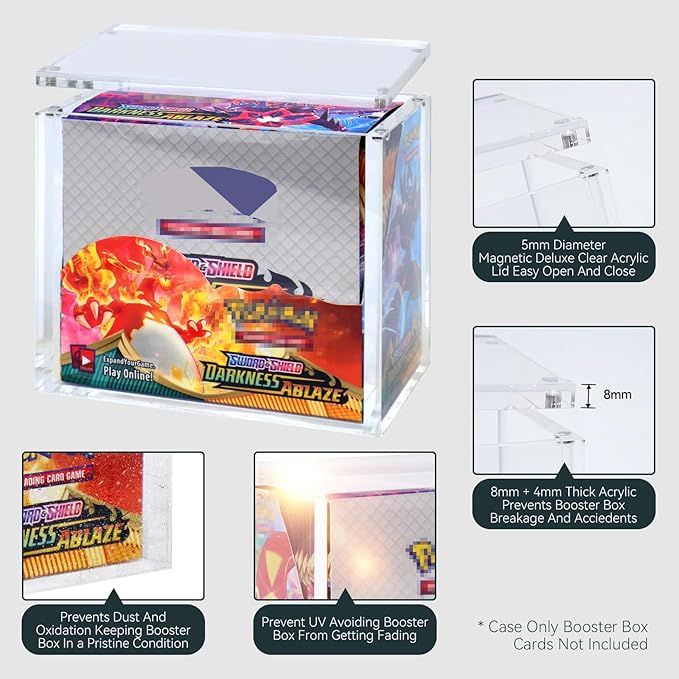Booster Box Acrylic Protector Case Display Case 8mm Thick Magnetic Lid Closure Easy Top Loading UV Protection Dustproof Display Case Compatible with PKMN Booster Boxes(Case Only)