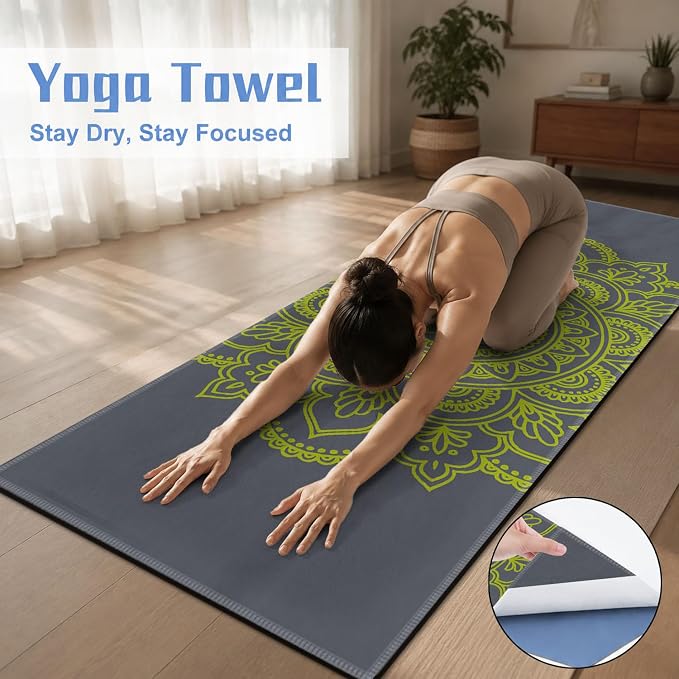 Yoga Mat Towel, Hot Yoga Non Slip with 4 Corner Pockets, 74 x 26 in | Soft Absorbent Microfiber With Four Corner Pockets, Fits Over Yoga Mats For Hot Yoga, Pilates, Gym, And Travel