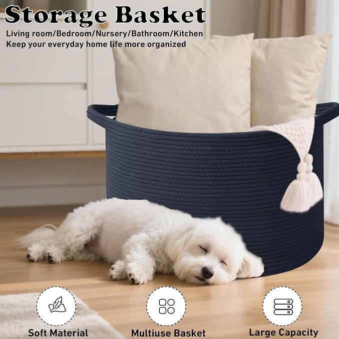 90L Extra Large Blanket Basket,Woven Rope Laundry Basket-Dark Blue | Collapsible, reinforced handles, nursery storage bin organizes clothes, toys and pillows for living room, bedroom bathroom