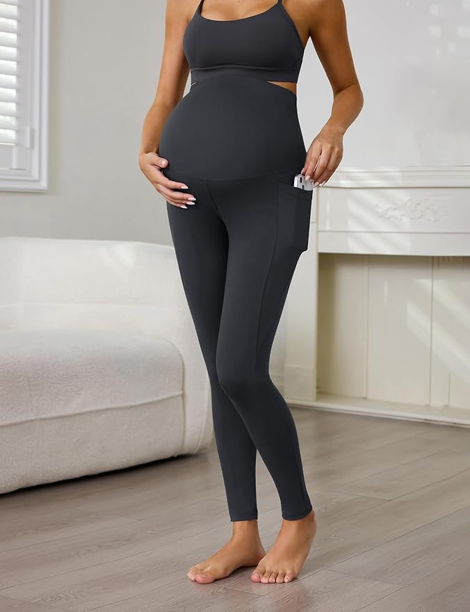 Buttergene 1 Pack Women's Maternity Leggings with Pockets Over The Belly Pregnancy Active Wear Workout Yoga Tights Pants