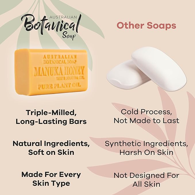 Australian Botanical Soap Manuka Honey with Jojoba Oil – Triple Milled 6.6 oz Bar Soap with Shea Butter, Face Hand & Body Soap Bars, Pack of 4