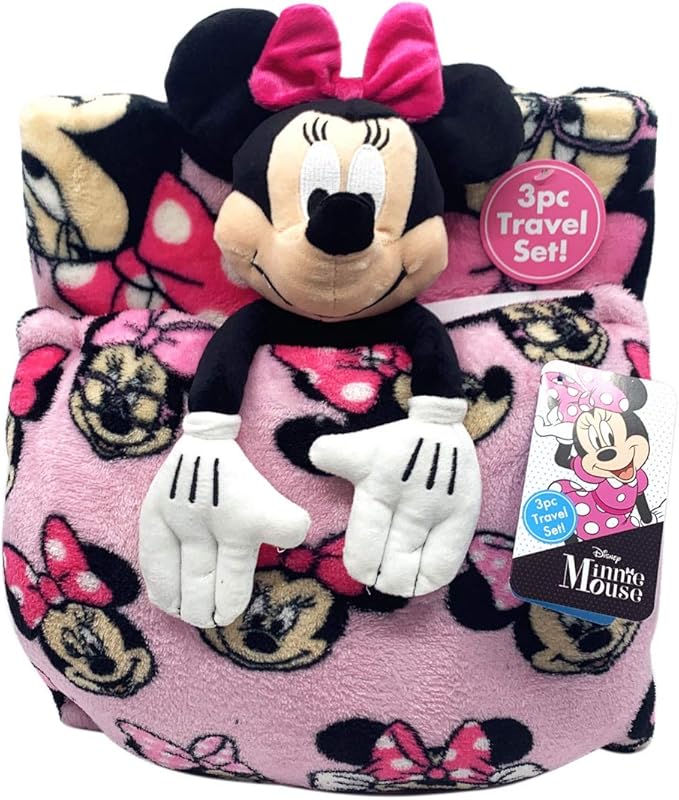 Jay Franco Disney Minnie Mouse Travel Set - 3 Piece Kids Travel Set Includes Blanket, Pillow, & Plush