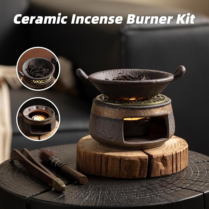 Cedar Aromatherapy Burner & Ceramic Oil Warmer for Home & Office (Heat-Resistant Double-Handled Baking Tray + Stone-Patterned Oven + Old elm Wood mat + Accessories)
