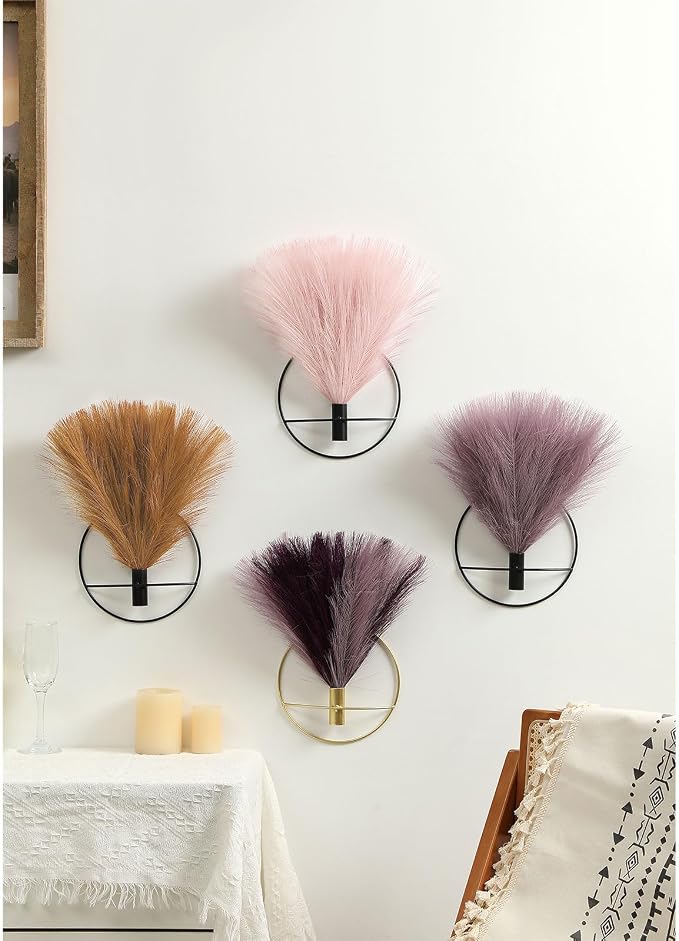 Pretty Jolly Boho Pampas Wall Decor Black Metal Wall-Mounted Art | Morden Artificial Greenery Display，2 Pack Hanging Planter For Living Room, Bedroom, Bathroom, Dining room