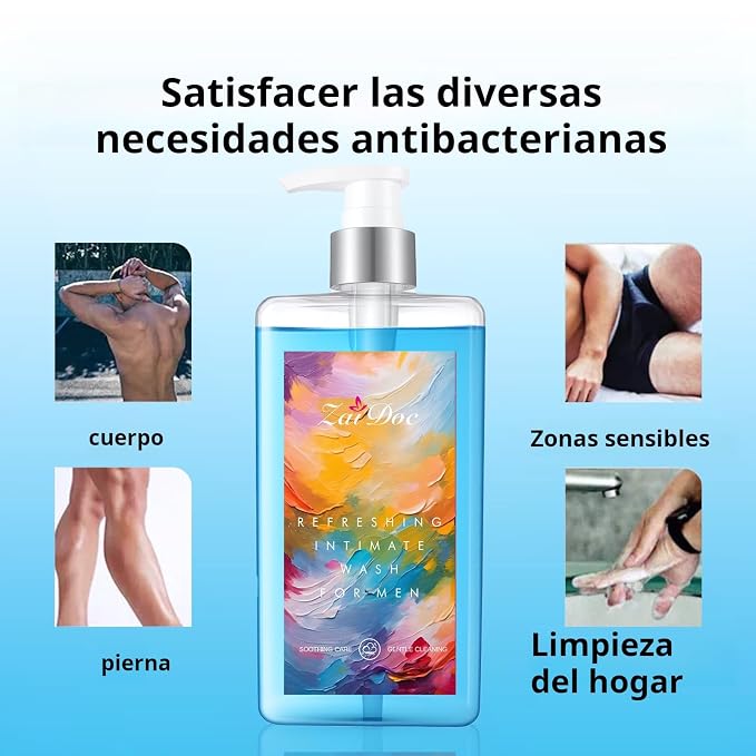 Refresh Gentle Intimate Wash for Men, Daily Cleanser with Lactic Acid & Menthol, pH Balanced for Sensitive Skin, Blue, 10.14 fl oz