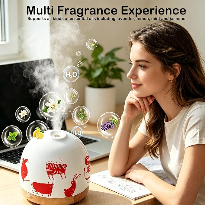 Ceramic Diffuser - 300ML Essential Oil Diffuser,Cute Porcelain Design, Quiet Cool Mist, 4 Timer Modes, Auto Shut-Off, Night Light for Bedroom and Home