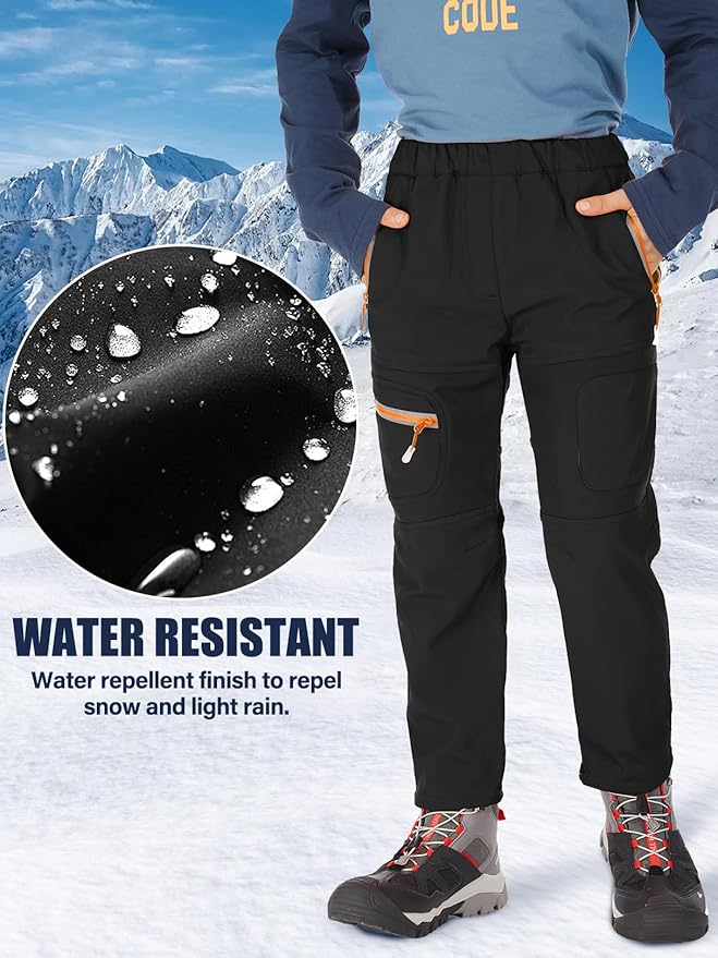 linlon Kids Boy's Snow Waterproof Pants Youth Fleece Lind Hiking Softshell Warm Insulated Trousers