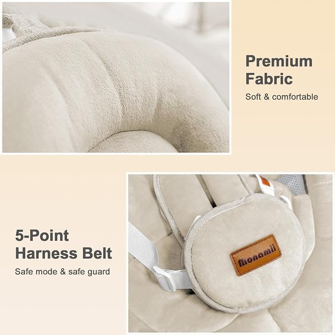 Baby Swings for Infants, Monamii Baby Swing, Bluetooth Infant Swing with Music Speaker, 5 Speeds and Remote Control, Indoor & Outdoor Use (Beige)