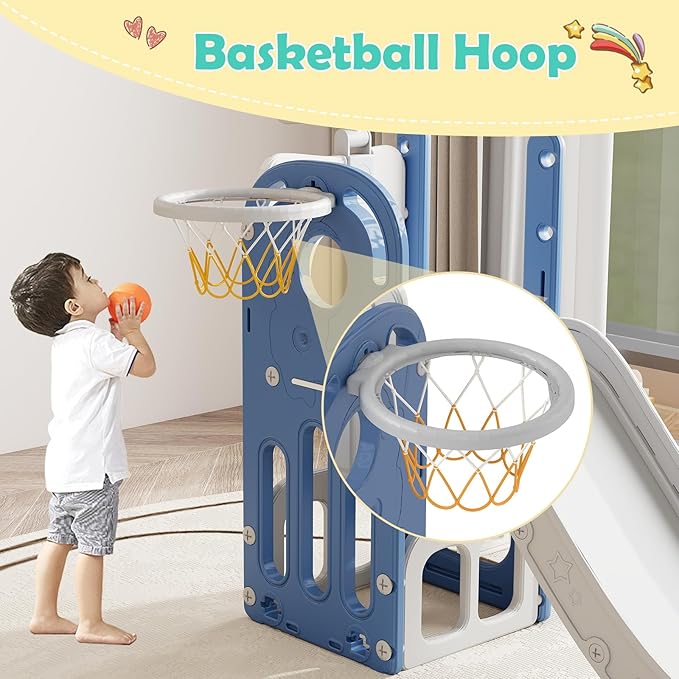 kinbor 6 in 1 Toddler Slide PlaySet - Indoor Outdoor Fun for Kids Ages 1-3, Includes Basketball Hoop, Telescope, Storage & Climber, Safe, Sturdy Baby Slide for Backyard Playground, Blue