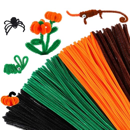 Caydo 320 Pieces Halloween Pipe Cleaners Chenille Stems 6mm x 12inch, Chenille Stems for DIY Art Craft Decorations (Black, Brown, Dark Green, Orange)