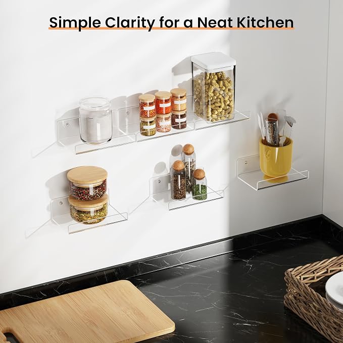 upsimples 6" Acrylic Shelves, Small Shelf for Wall Decor and Display, 6 Pcs | Small Floating Shelf for Plants, Speaker, Toys, Invisible Wall Display for Bathroom, Bedroom, Living Room, Room Décor