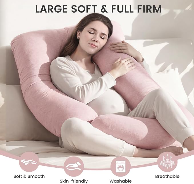 Jcickt Pregnancy Pillow for Sleeping,59 inch Maternity Pillow with Removable Washable Cover,J-Shaped Cooling Full Body Pregnant Pillow -Support for Backs,Legs, Belly, HIPS, Improve Sleep-Pink