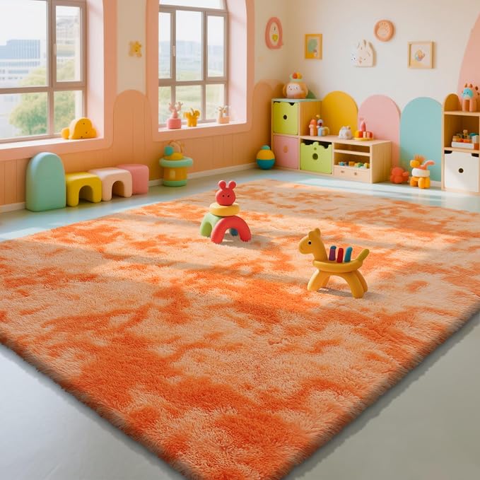 Mottling Orange Fluffy Rug Shag Area Rug, 8x10 Area Rugs for Girls Bedroom, Big Soft Shag Bedside Non-Slip Plush Dorm Carpet Home Decor Aesthetic
