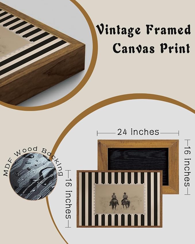 ZZLWBKGL Western Wall Decor Vintage Framed Wall Art Cowboy Canvas Art | Rustic Striped Artwork Retro Stamp Picture Mid Century Paintings for Living Room Bedroom 16x24in