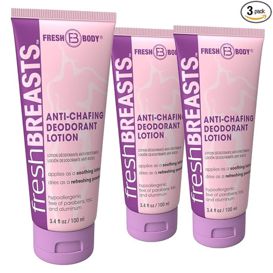 Fresh BREASTS Cream Anti Chafing Deodorant Lotion to Powder, 3.4oz (3 Pack) Anti Chafe Whole Body Deodorant for Women, Inner Thighs & Areas that Sweat - No Talc, Aluminum or Fragrance