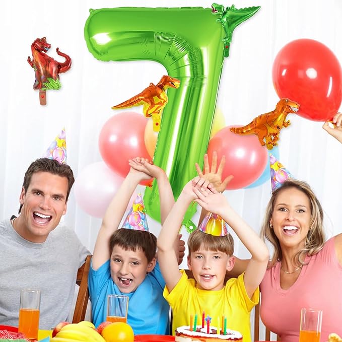 Dinosaur Green Number 7 Balloon, 40 Inch Big Large Foil Helium Green Number Balloon with 4 Pcs Mini Dinosuar, Dinosuar Mylar Balloons Set for 7 Year Old Birthday Party Decorations Supplies