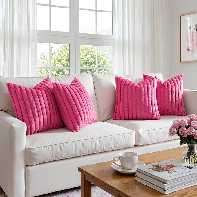 MIULEE Faux Fur Plush Decorative Throw Pillow Covers 18x18, Hot Pink | Set of 4, Striped, Soft Romantic Modern Home Decor, Cushion Cases for Sofa Couch Bed Living Room
