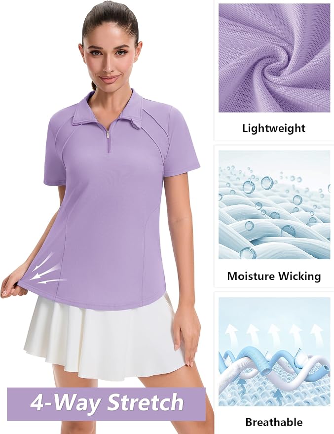 LOMON Womens Golf Polo Shirt Summer Short Sleeve Quarter Zip Outfit | Side-Pockets,Princess Seams,Cotton,Wrinkle Free,Moisture Wicking,Quick-Dry,Lightweight,Collared,for Tennis Workout