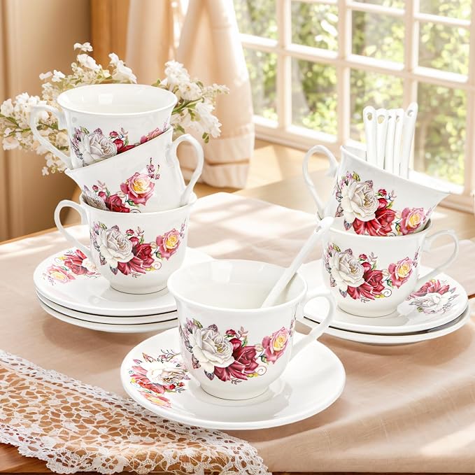 WRINGKIT Tea Cups and Saucers Set of 6, 6 Oz Porcelain Floral Tea Cups with Spoon, Bone China Coffee Cup Saucer Gift Set for Cappuccino, Espresso, Latte, Cafe Mocha, Microwave Safe