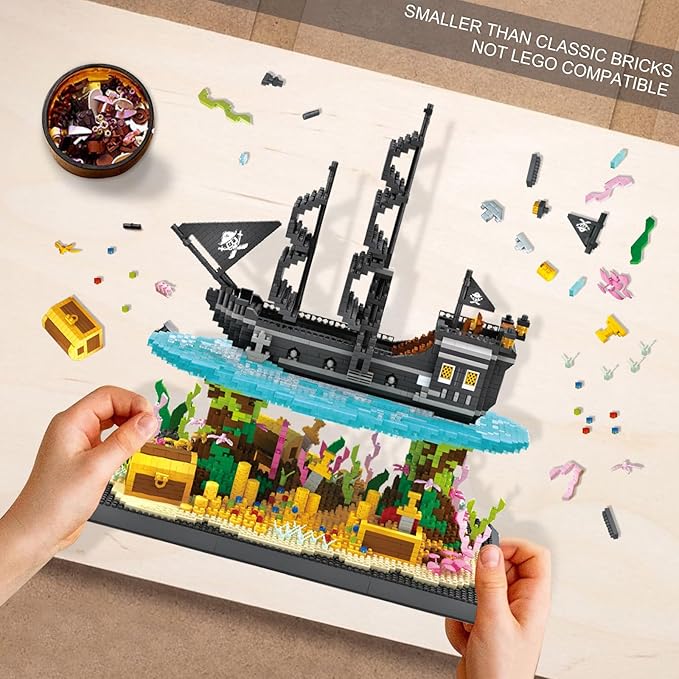 Pirates Ship Model Building Blocks Kits,Classic Mini Micro Blocks Building Set,4059PCS+,MOC Black Pearl Sailboat with Treasure，Collectible Display Model, Great Gift for Adults/Teens