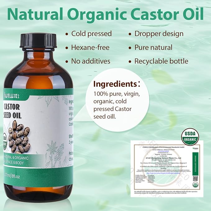 40 Pcs Castor Oil Patches with Castor Oil Organic Cold Pressed Unrefined Glass Bottle(8oz),Cotton Caster Oil Pack Wrap for Waist Back Neck Arm Belly,Self-Adhesive for Convenient Use