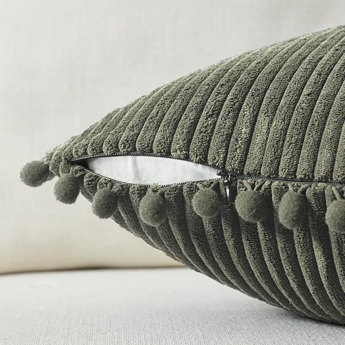 Fancy Homi 2 Pack Olive Green Small Decorative Throw Pillow Covers 12x12 Inch with Pom-poms for Couch Bedroom Living Room, Soft Corduroy Solid Cushion Case 30x30 cm, Farmhouse Boho Home Decor