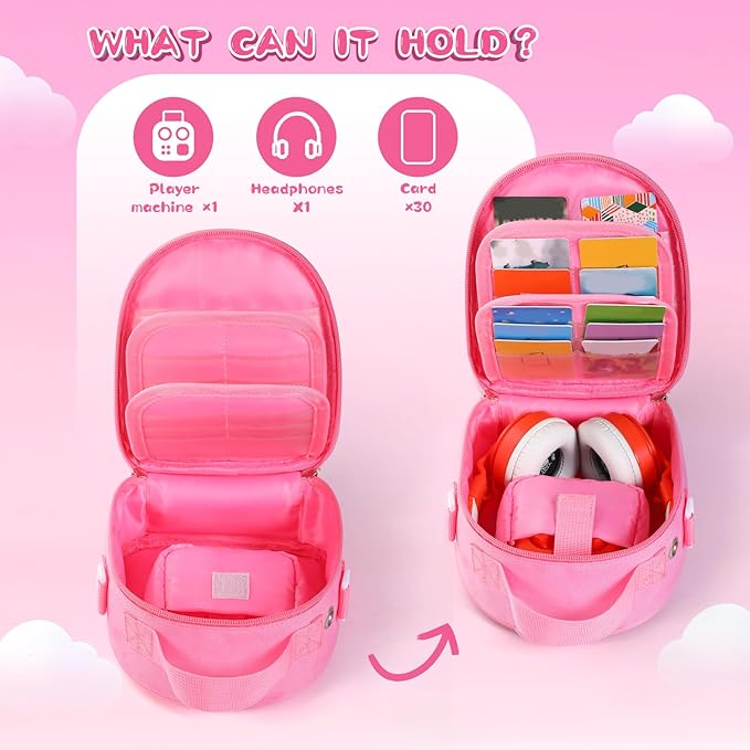 Carrying Case Compatible with Yoto Mini (2024 Edition),30 Cards Storage Bag with Handle and Shoulder Strap, Travel Storage box for Player & Headphone Accessories (Pink)