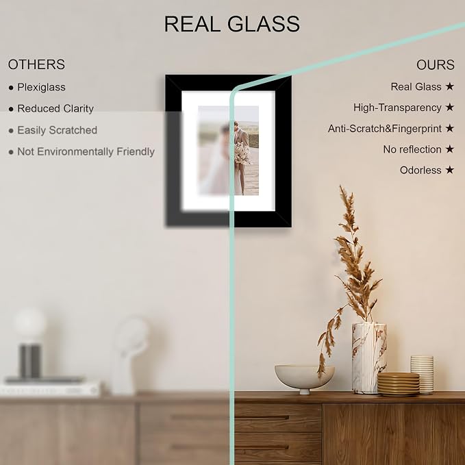 Hongkee 6x8 Picture Frame Set of 4, Made of Real Glass and Black Frame - Display Picture 4x6 with Mat or 6x8 Without Mat, 6 by 8 Photo for Wall or Tabletop