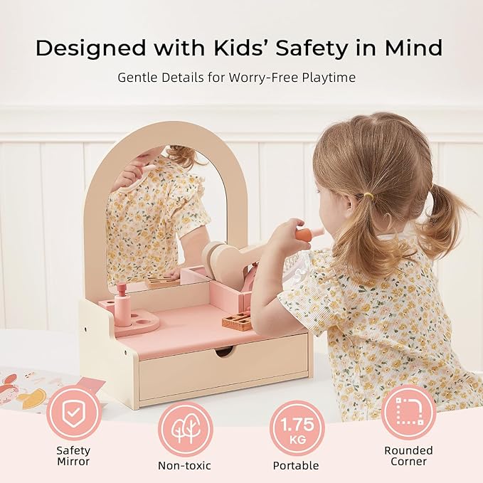 OOOK Wooden Vanity Makeup Table for Kids, Toddler Pretend Play Dressing Table with Mirror & Drawer, Vanity Toy with 10 Pcs Accessories, Gift for Little Girls Age 3+