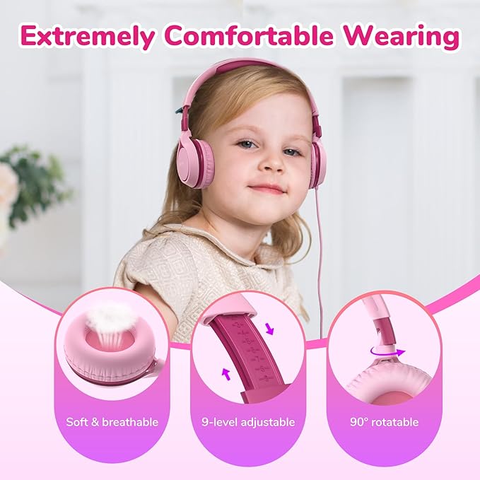 EarFun S1 Kids Headphones, Foldable Wired Headphones for Kids, 85dB Volume Limit, Stereo Sound, Adjustable Headband, Portable Lightweight On-Ear Headphone for School/Travel/Boys/Girls/PC, Pink