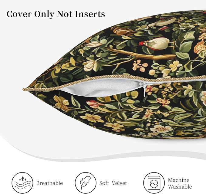 Vintage Floral Animal Velvet Pillow Covers 16x16 Inch Black Green Flowers Leaf Throw Pillows for Couch Farmhouse Cushion Covers Pillowcase Boho Chinoiserie Pillow Cases for Sofa Bed Outdoor Decor