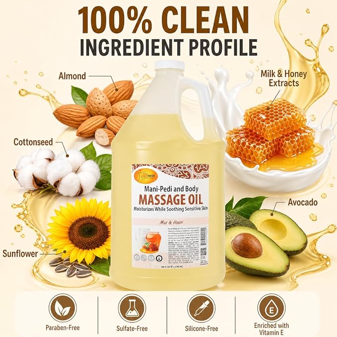 SPA REDI Milk & Honey Massage Oil – Silicone-Free, Paraben-Free & Sulfate-Free | Almond, Avocado, Sunflower & Vitamin E Blend | Sensitive Skin & Dry Feet | Professional Salon & At-Home Use | 128 oz