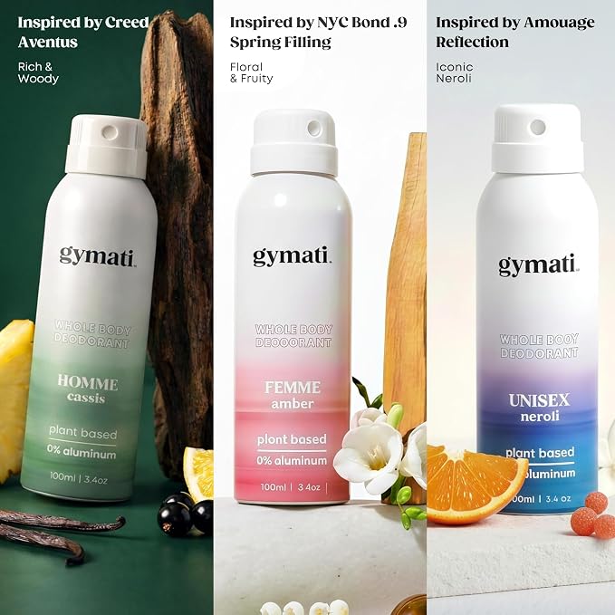 Gymati Natural Deodorant Body Spray – Aluminum-Free, Plant-Based Blend with Aloe & Zinc, Long-Lasting Odor Protection, Luxury-Inspired Scent Men, Women, & Unisex Pack of 3