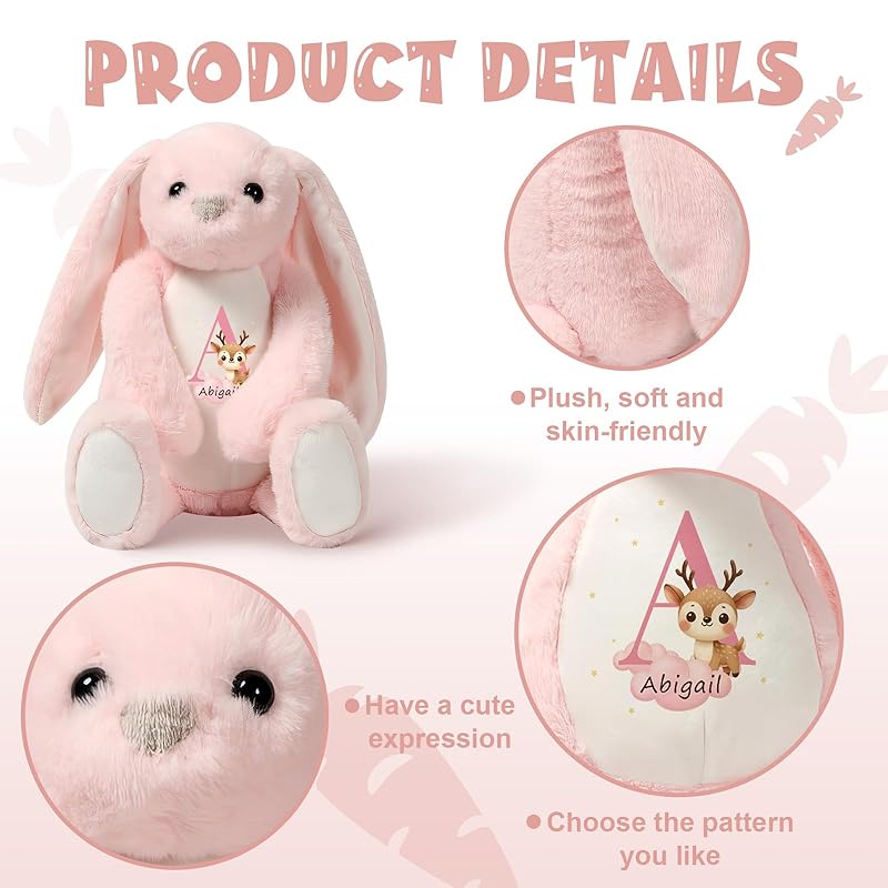Bunny Stuffed Animal with Custom Name Initial - Personalized Plush Bunny for Newborn Boy Girl, Baby Shower Gifts, Wedding Flower Girl Gift, Easter Rabbit for Kids