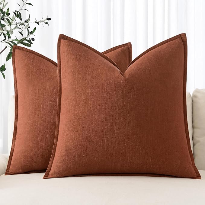 MIULEE Decorative Linen Euro Sham Pillow Covers 24x24 Rust | Boho Farmhouse Fall Autumn Couch Throw Pillows for Bed, Pack of 2 Accent Modern Pillowcases, Sofa Livingroom Home Decor