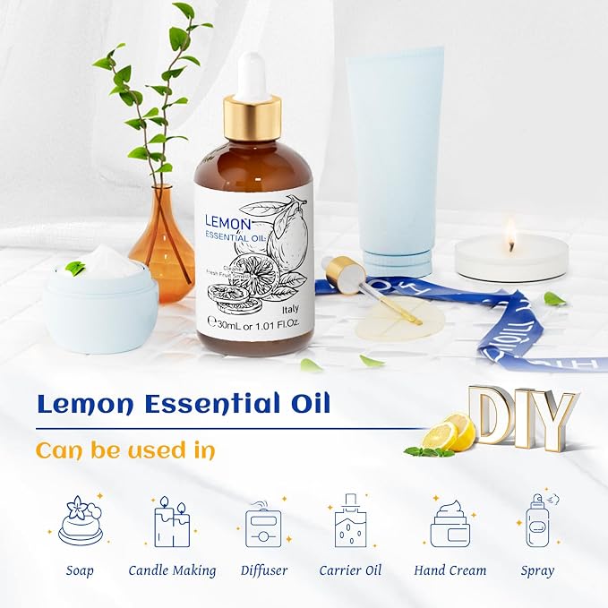 HIQILI Lemon Essential Oil for Cleaning, Skin, Diffuser - 1 Fl Oz/30ML | Creates a Fresh and Clean Atmosphere for Kitchen, Bath and More, Removes Odors and Stubborn Residue -30mL / 1.01 fl oz