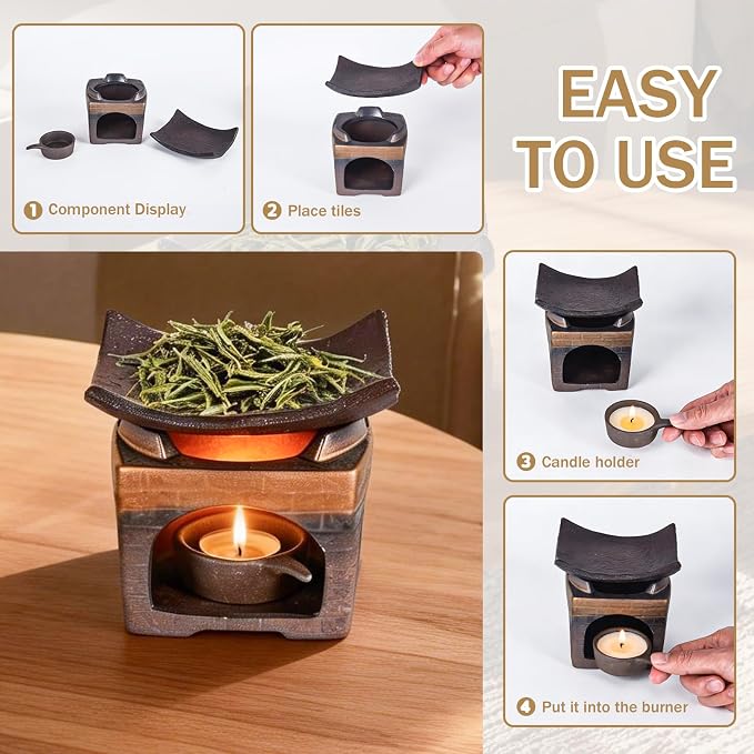 Handmade Ceramic Aromatherapy Diffuser,Herb Burner & Candle Wax Warmer with Tealight Holder, Home Fragrance Accessories for Relaxation & Meditation-B