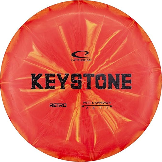 Latitude 64 Retro Burst Keystone Disc Golf Putter, Interactive Family Outdoor Games, Men and Women Frisbee Golf Putt & Approach Disc, 175g+, Stamp Shade of Disc Color & Burst Pattern May Vary