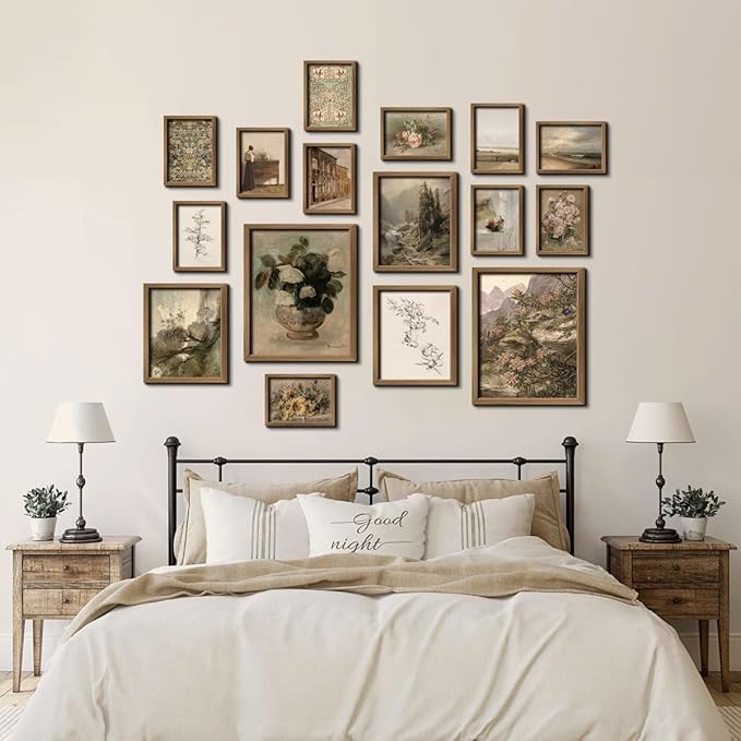 16 PCS Framed Vintage Wall Art Decor, French Country Farmhouse Gallery Wall Frame Set Prints for Bedroom Bathroom, Rustic Landscape Posters for Living Room Aesthetic, Cottagecore Dorm Home Collage Kit