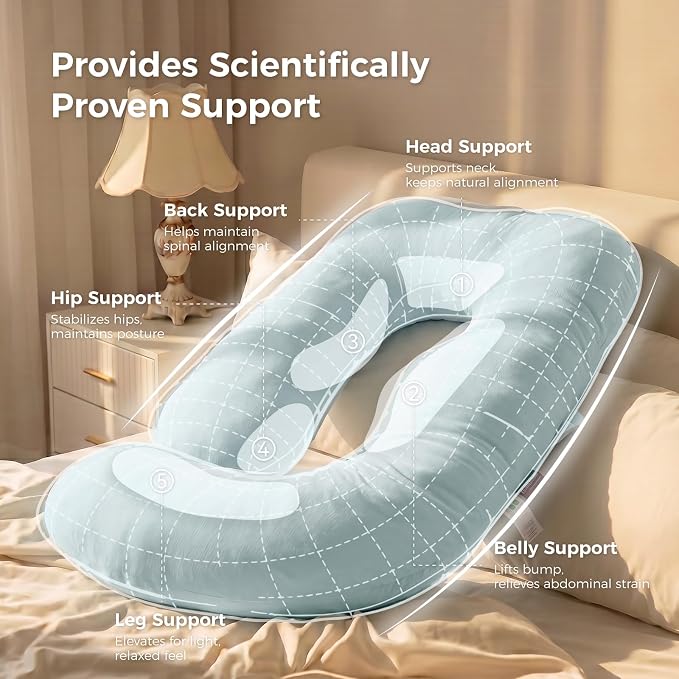 Momcozy Pregnancy Pillows for Sleeping, U Shaped Full Body Maternity Pillow with Removable Cover - Support for Back, Legs, Belly, HIPS for Pregnant Women, 57 Inch Pregnancy Pillow, Cotton Blue