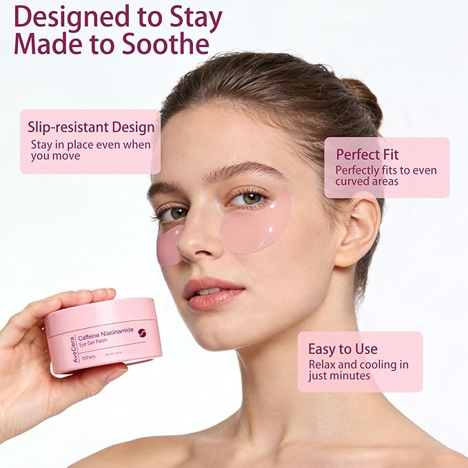 70Pcs Caffeine Peptide Under Eye Patches for Dark Circles Puffiness, Gel Eye Masks with Rose Essence Hyaluronic Acid Niacinamide Anti Wrinkle & Fine Lines Hydrating & Cooling for Men & Women