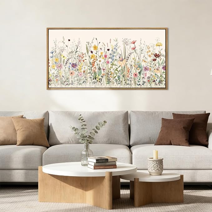 Large Floral Wall Art Decor Framed Colorful Wildflower Painting Pictures for Living Room Bedroom 40x20 Inches