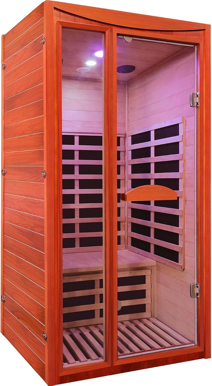 Infrared Sauna, Far Infrared Saunas for Home 1550W/110V Indoor Sauna for Single Person Wood Sauna Spacious 1-2 Person Low EMF Dry Sauna with Speakers/Air Hole and Color Lighting 39.4 * 35.4 * 74.8 in