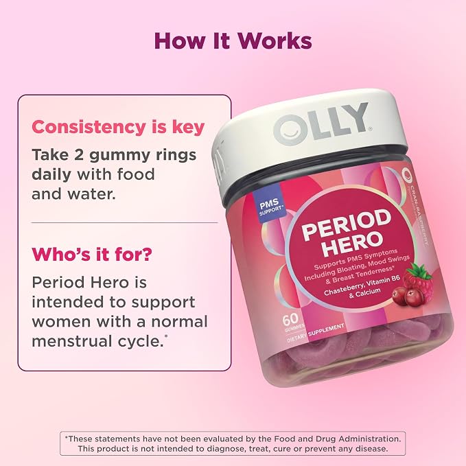 OLLY Period Hero Gummies, PMS Support Supplement,* Chasteberry, Vitamin B6, Calcium, Cran-Raspberry Flavor, 30 Day Supply - 60 Count